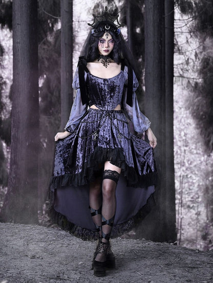 Gothic Cross Beaded Chains Purple Velvet High-low Skirt