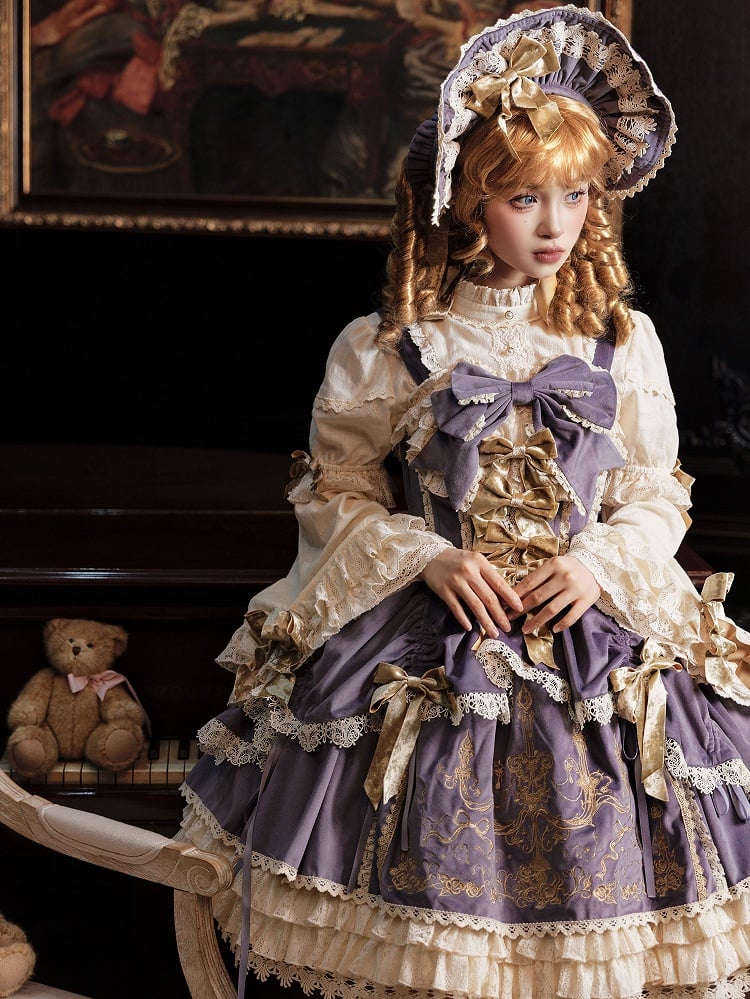 Bows Decoration Candle Embroidery Purple Velvet Dress Lolita JSK / Set
