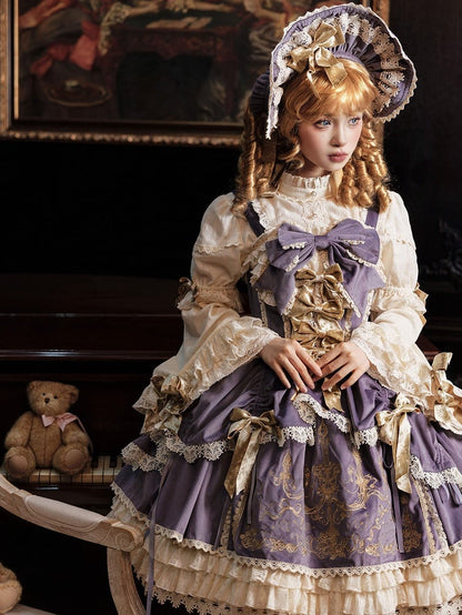 Bows Decoration Candle Embroidery Purple Velvet Dress Lolita JSK / Set