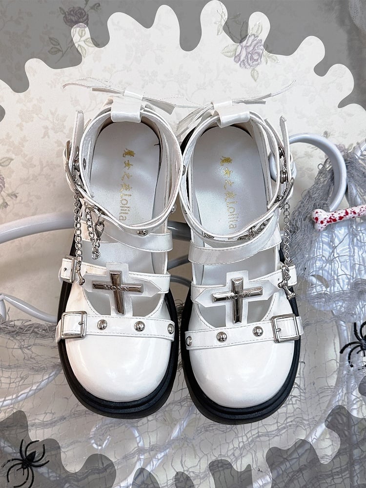 Silver-tone Studs Cross White Platform Chunky Heels Punk Shoes