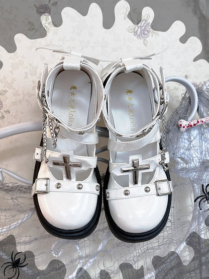 Silver-tone Studs Cross White Platform Chunky Heels Punk Shoes