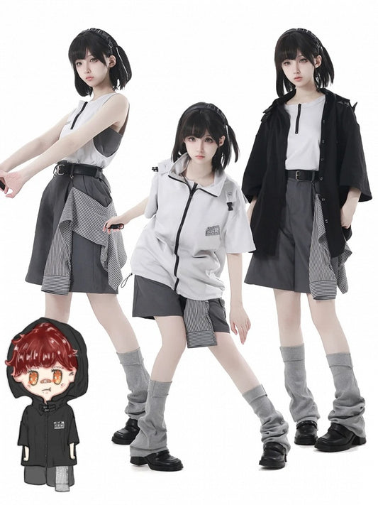 Gray Casual Shorts with Striped Accessory and Buckle Belt