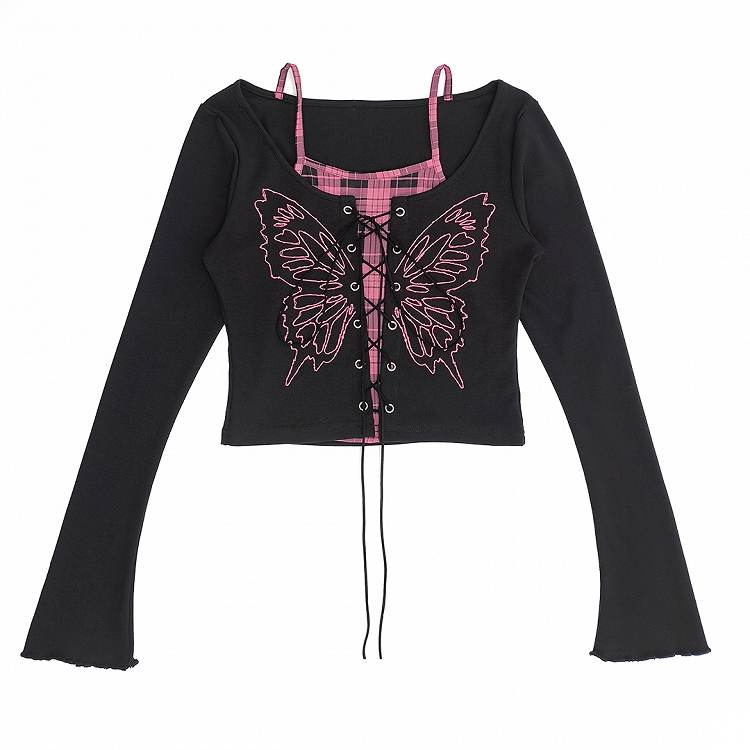 Y2K Lace-up Front Butterfly Print Black and Pink Plaid Top Faux Two-pieces