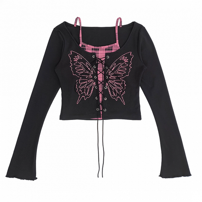 Y2K Lace-up Front Butterfly Print Black and Pink Plaid Top Faux Two-pieces