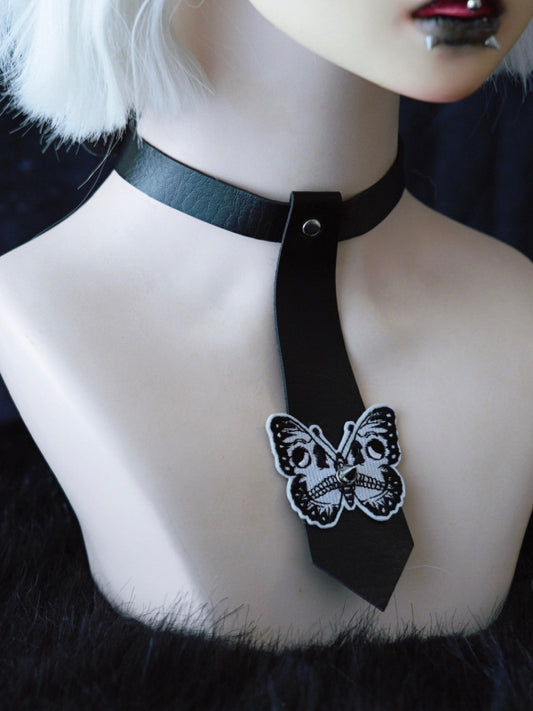 Black Gothic Butterfly Applique Studs Decorated Tie PU Choker