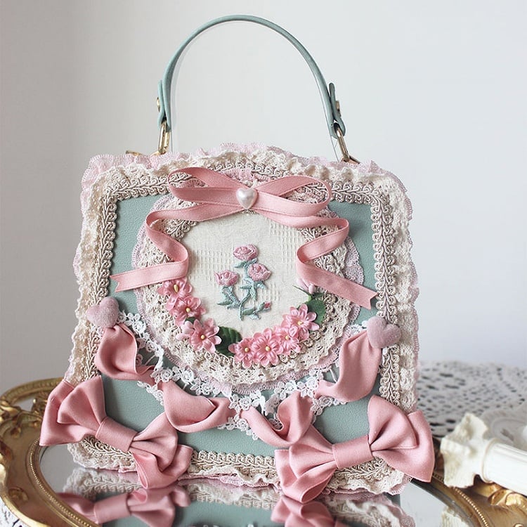 Elegant Classic Lolita Lace Handbag Adorned with Flower and Ribbon Bows – 9 Color Options