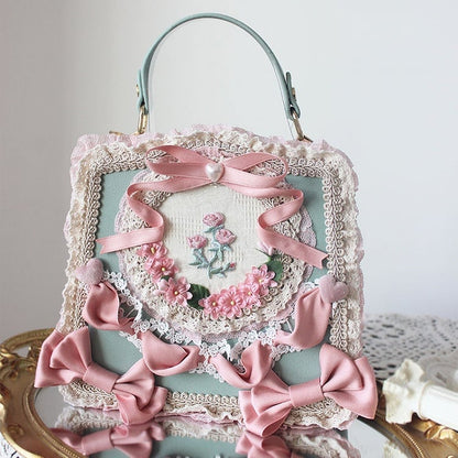 Elegant Classic Lolita Lace Handbag Adorned with Flower and Ribbon Bows – 9 Color Options