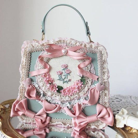 Elegant Classic Lolita Lace Handbag Adorned with Flower and Ribbon Bows – 9 Color Options