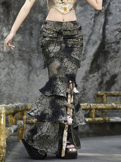 Dusty Green Tie Dye Pastel Goth Mermaid Skirt Flower Birdcage Hemline