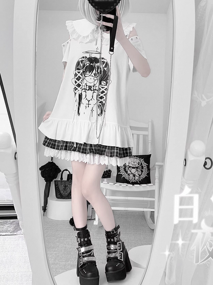 Anime Girl Print Peter Pan Collar Lace-up Details White Bittersweet Dress
