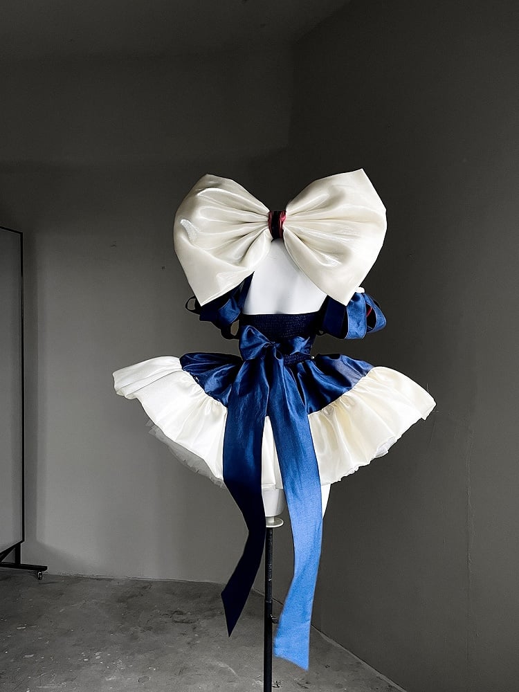 Blue & White Basque Waist Sweet Lolita Dress with Large Bow and Red Ribbon Accents
