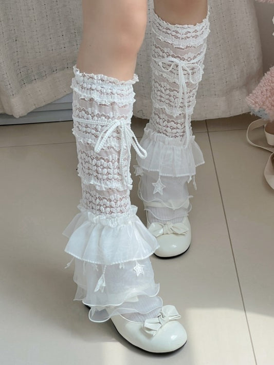 Black/White Y2K Floral Pattern Ruffled Cuff Star Charms Leg Sleeves