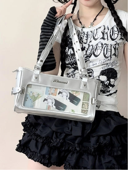 Silver Versatile Transparent-Window PU Leather Ita Bag