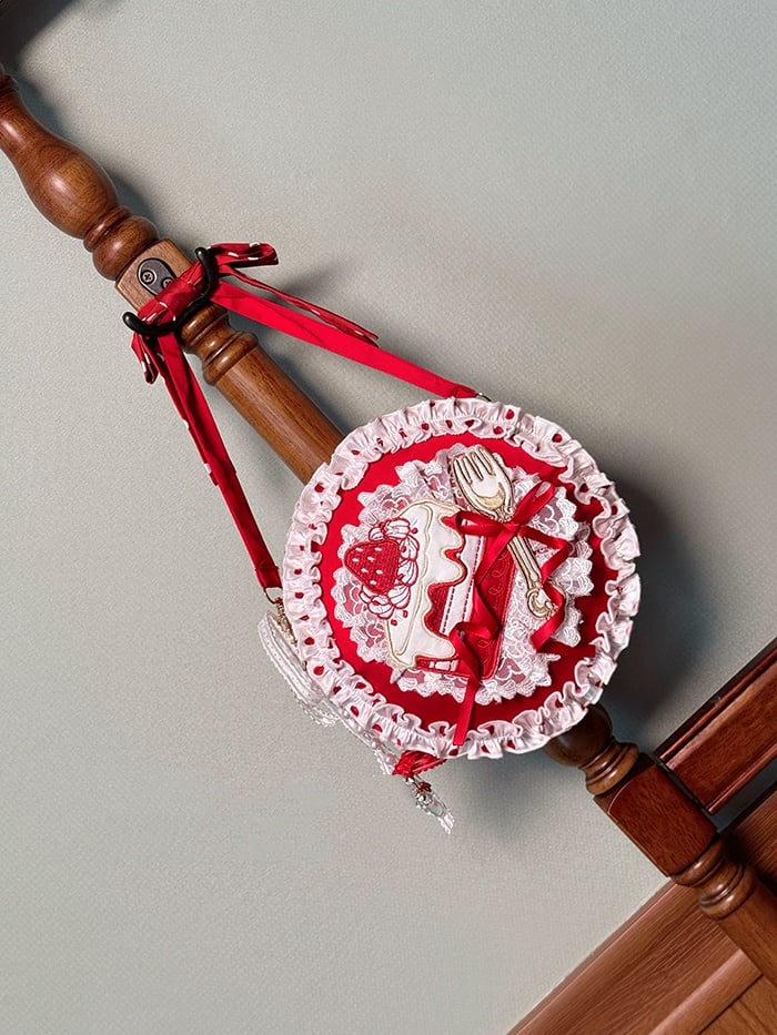 White and Red Strawberry Cake Embroidery Round Bag