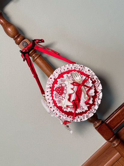 White and Red Strawberry Cake Embroidery Round Bag