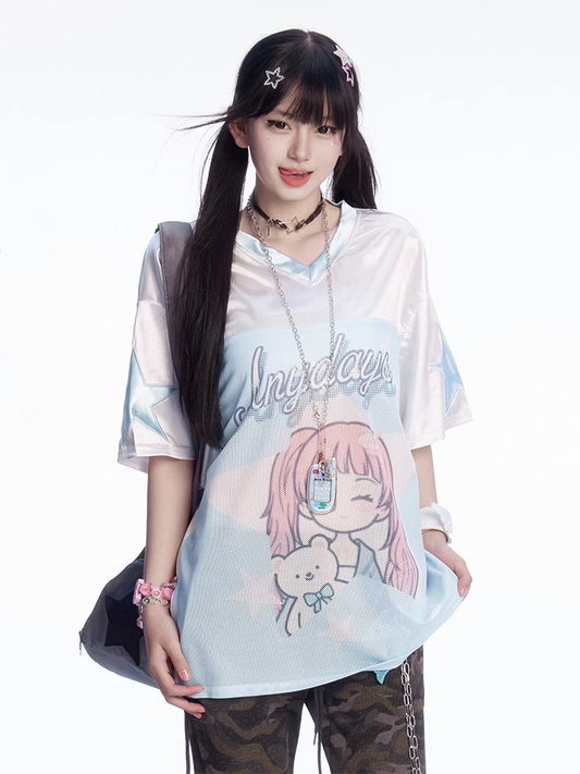 Blue and White Colorblock Design V-Neck Cartoon Girl Print Loose T-shirt