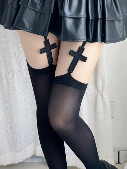 Black/White Gothic Cross Design Suspender Tights