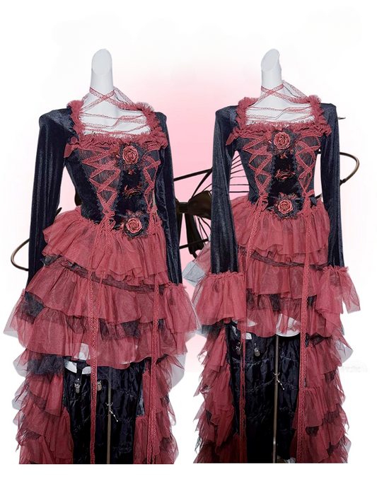 Gothic Black and Red Lace Square Neck Rosette Top