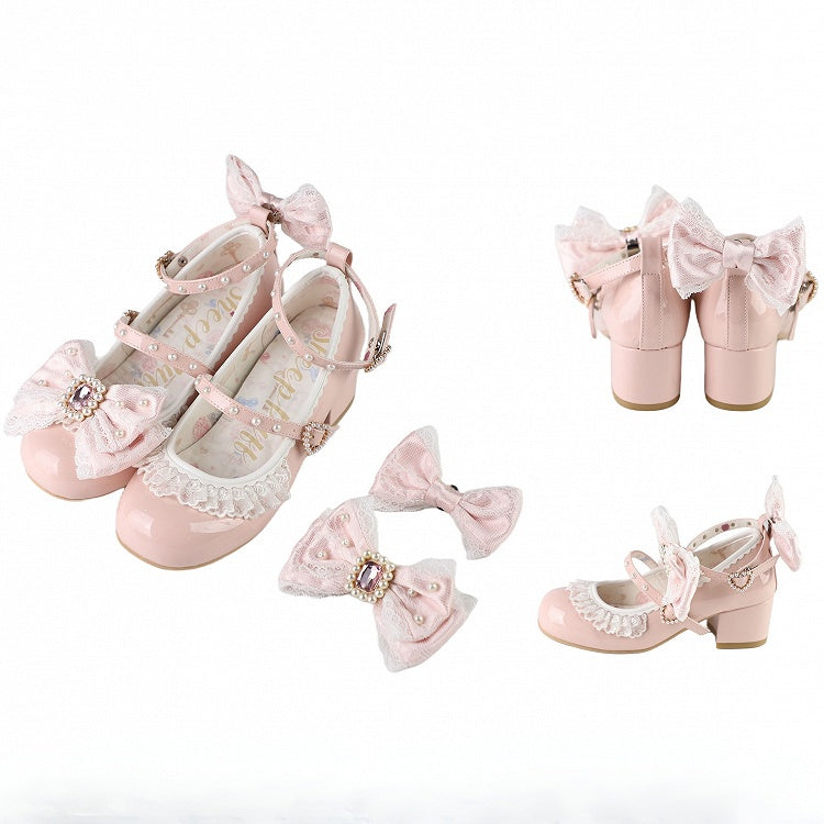 Polished Dusty Pink Detachable Rhinestone And Beaded Decorated Bowknot Lace Trim 4.5CM Block Heels Shoes