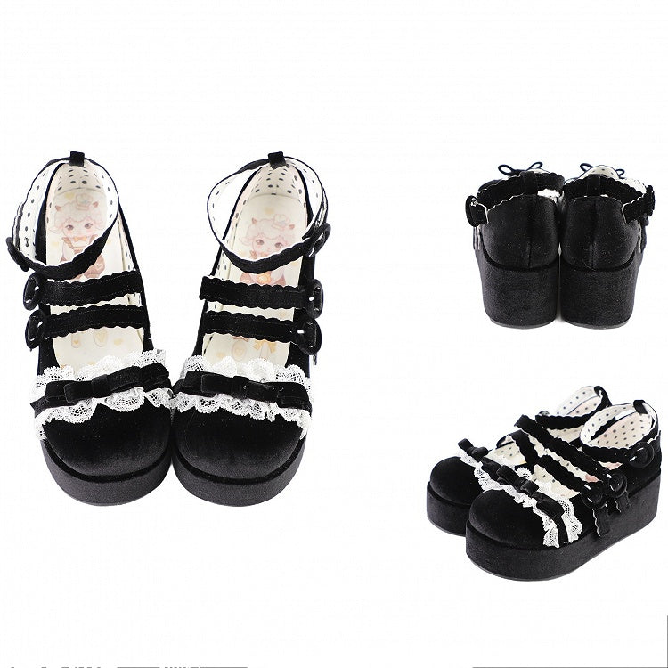Lace Trim Bowknot at Top Velvet Black Buckle Straps Platforms