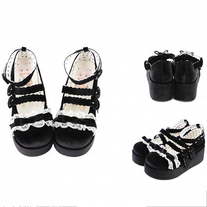 Lace Trim Bowknot at Top Velvet Black Buckle Straps Platforms