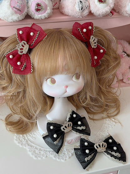 Black/Wine Red Rhinestone Crown And Beaded Decorated Bowknot Hairclip