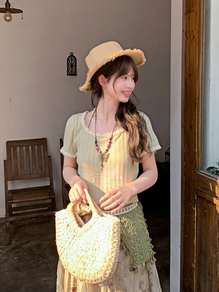 Mori Kei Light Green Round Neck Halter Neck Lace Trim T-Shirt