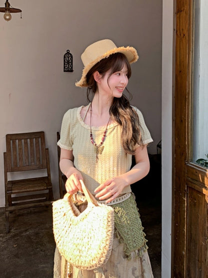 Mori Kei Light Green Round Neck Halter Neck Lace Trim T-Shirt