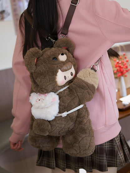 Brown Plush Bear Backpack/Crossbody Bag + Keychain