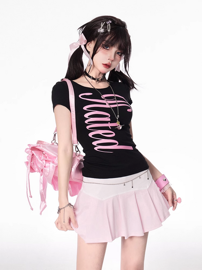 Pink and White Colorblock Design Pleated Skirt