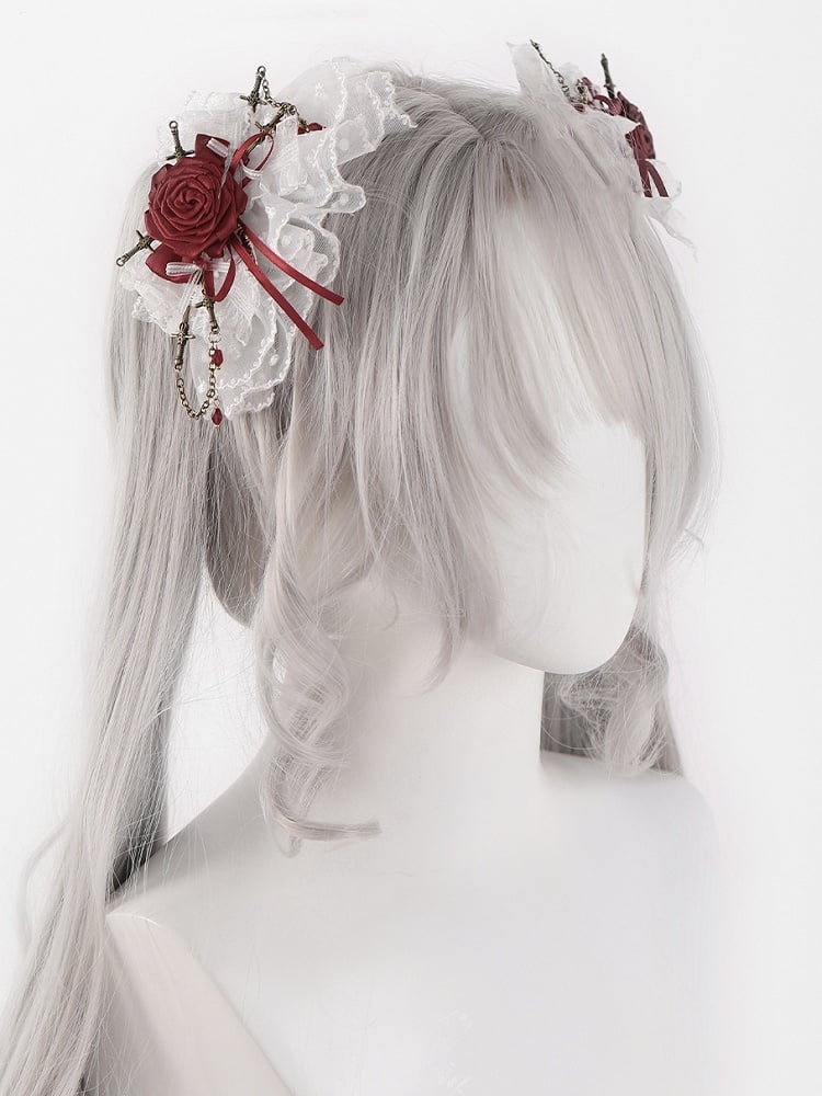 Gothic White and Red Rosette Bowknot Lace Hairclips with Swords and Chains