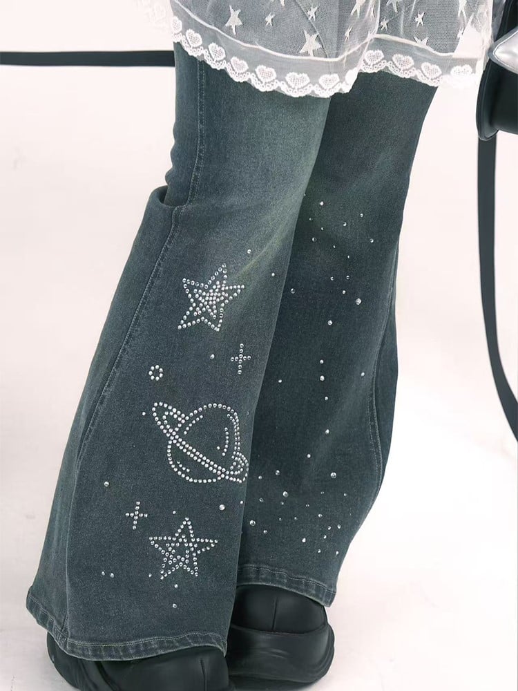 Plus Size Y2K Blue Flared Jeans with Rhinestone Planet & Star Motifs