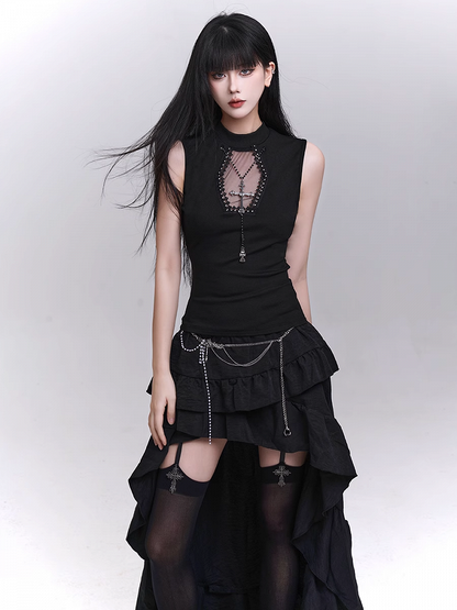 Studded Coffin-Shaped Cutout Black Tank Top with Free Cross Necklace