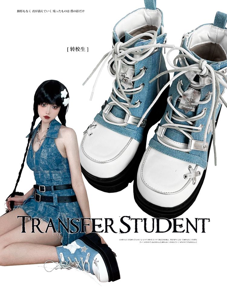 Star Appliques Punk Blue Denim Platform Ankle Boots