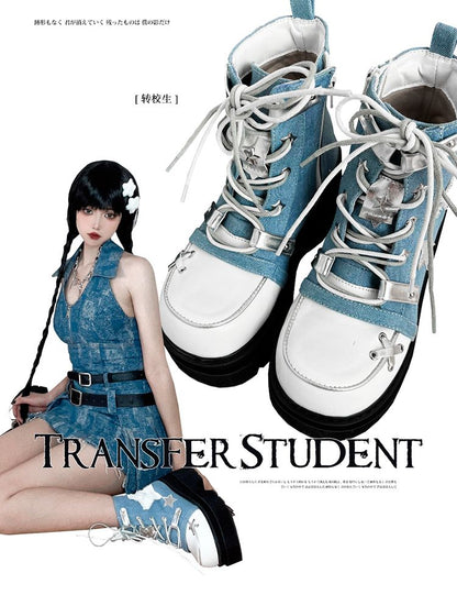 Star Appliques Punk Blue Denim Platform Ankle Boots