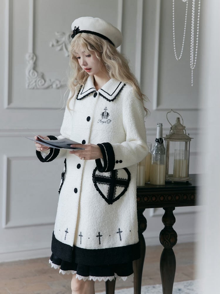 Heart-shaped Pockets White Woolen Coat with Black Embroidery Detail
