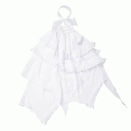 White Handkerchief Hem Strapless Dress Tiered Skirt Two Ways Wear with Free Bowtie