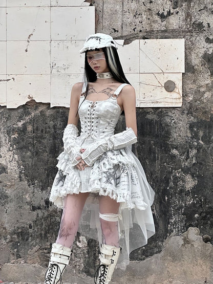 Grey Punk Corset Bodice Dress with Detachable Tulle Train