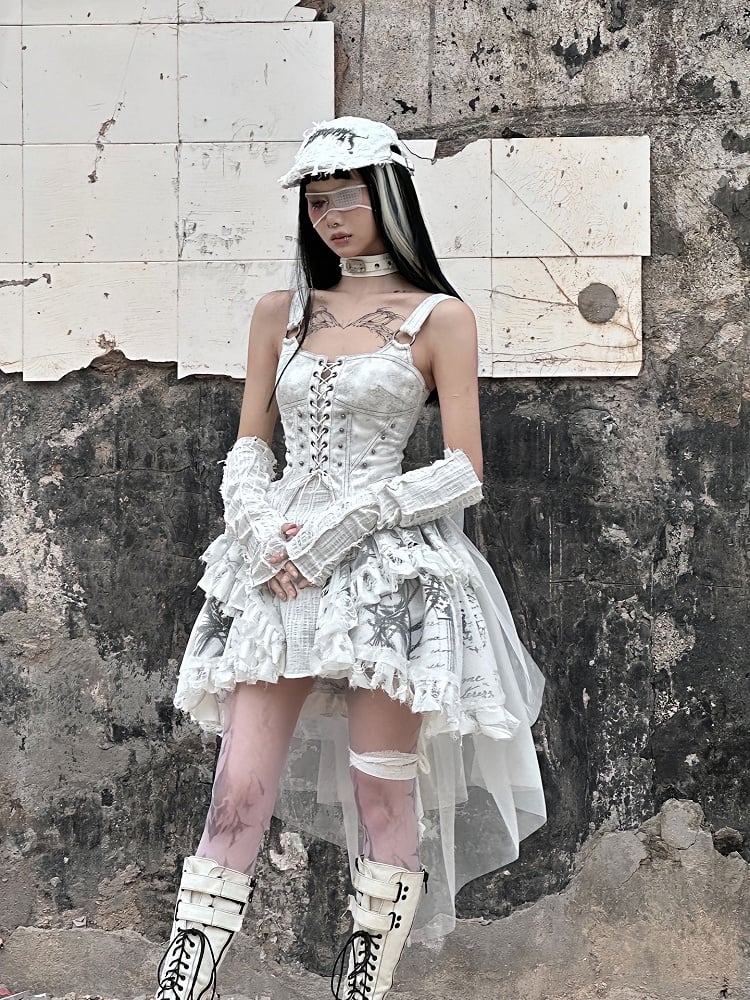 Grey Punk Corset Bodice Dress with Detachable Tulle Train
