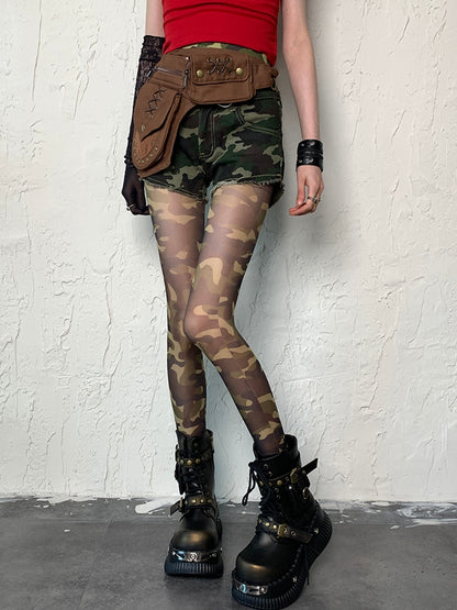 Green Gyaru Fashion Camo Pattern Tights