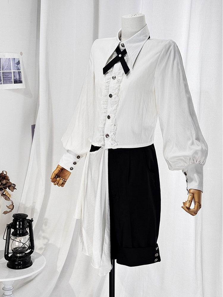 Ouji Lolita White and Black Eight-Piece Set - Asymmetrical Design Coat + Shirt + Shorts + Matching Accessories