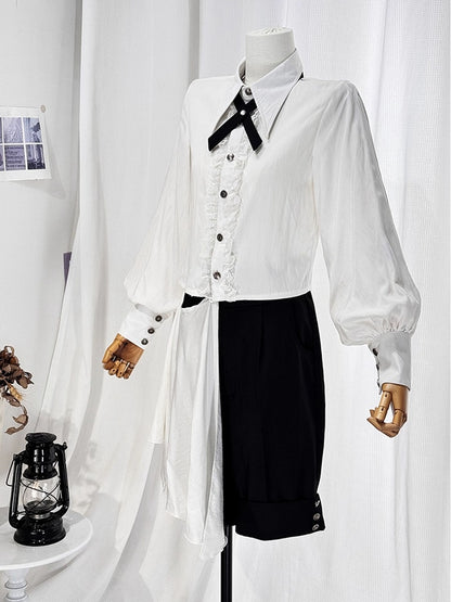 Ouji Lolita White and Black Eight-Piece Set - Asymmetrical Design Coat + Shirt + Shorts + Matching Accessories