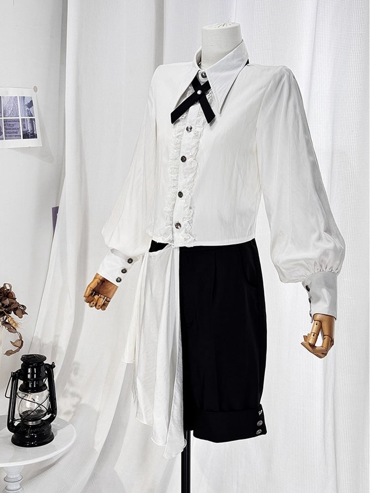 Ouji Lolita White and Black Eight-Piece Set - Asymmetrical Design Waistcoat + Shirt + Shorts + Matching Accessories
