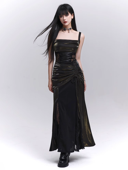 Black Lace Patches Waist Drawstring Hip Sleeveless Dress