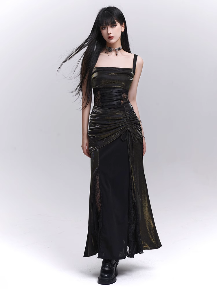 Black Lace Patches Waist Drawstring Hip Sleeveless Dress