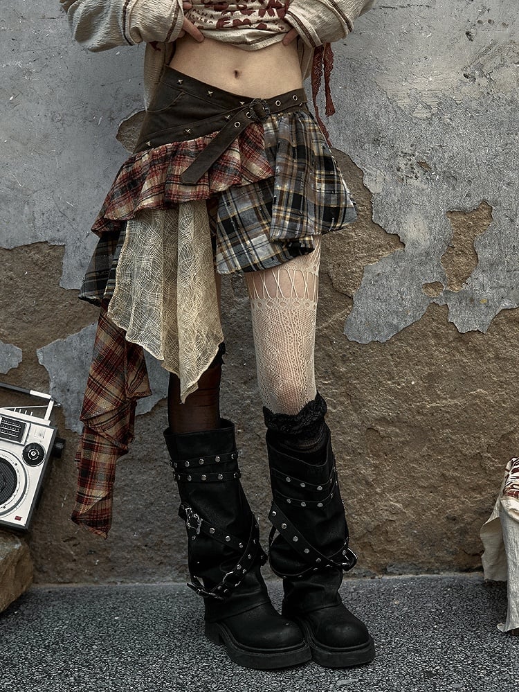 Waist Belt Design Red and Brown Punk Asymmetrical Plaid Skirt with Studs