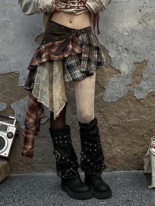 Waist Belt Design Red and Brown Punk Asymmetrical Plaid Skirt with Studs