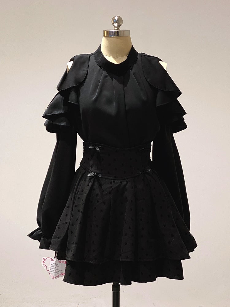 Dark Sweetness Tiered Skirt: Jirai Kei High Waist with Heart Polka Dot Pattern