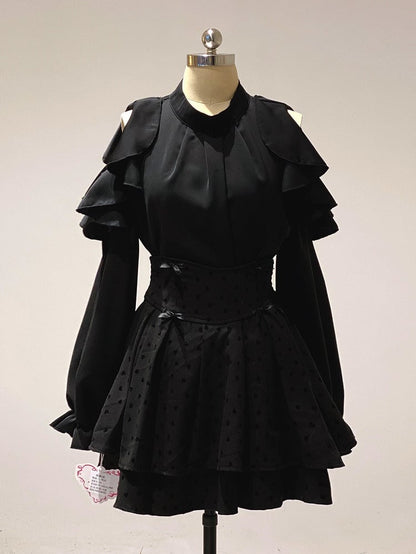 Dark Sweetness Tiered Skirt: Jirai Kei High Waist with Heart Polka Dot Pattern
