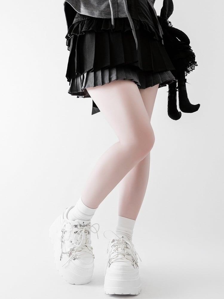 White Punk Front Lace-up Ties Design Platform Shoes With Detachable Cross Charm Chain